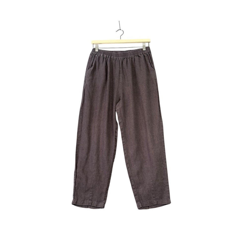 100%‎ Linen Elastic Waist Tapered Leg Pull-On Pants Charcoal Grey Size L
